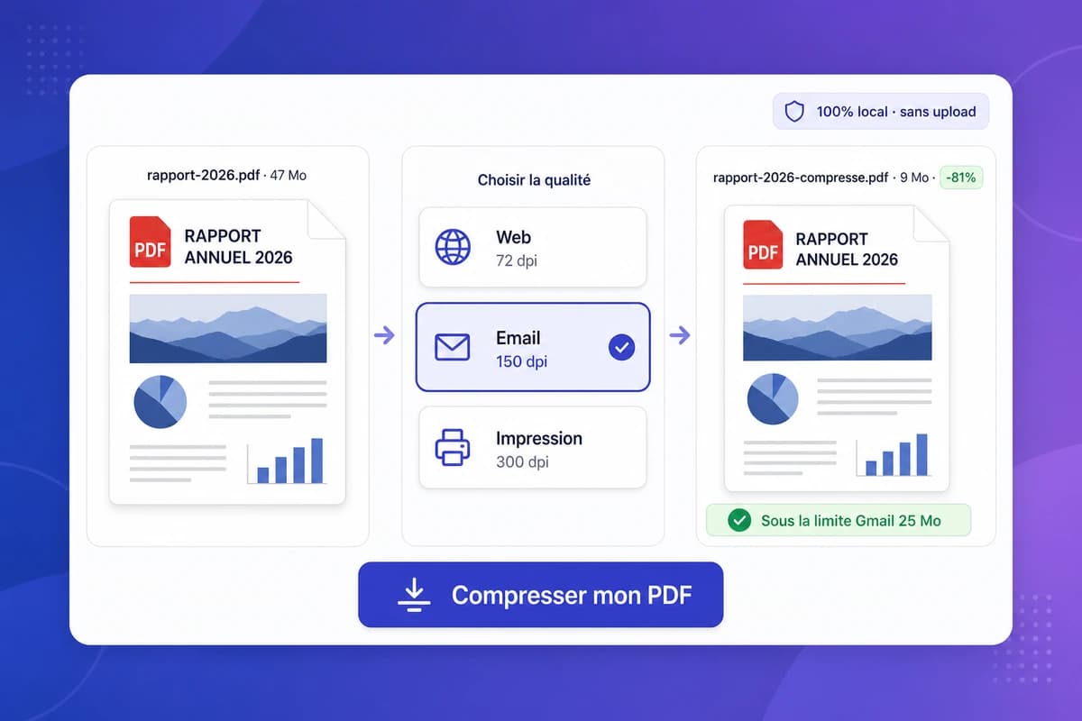 Interface iFillPDF de compression PDF : rapport 47 Mo réduit à 9 Mo (-81%) en mode Email 150 dpi, sous la limite Gmail 25 Mo, traitement 100% local