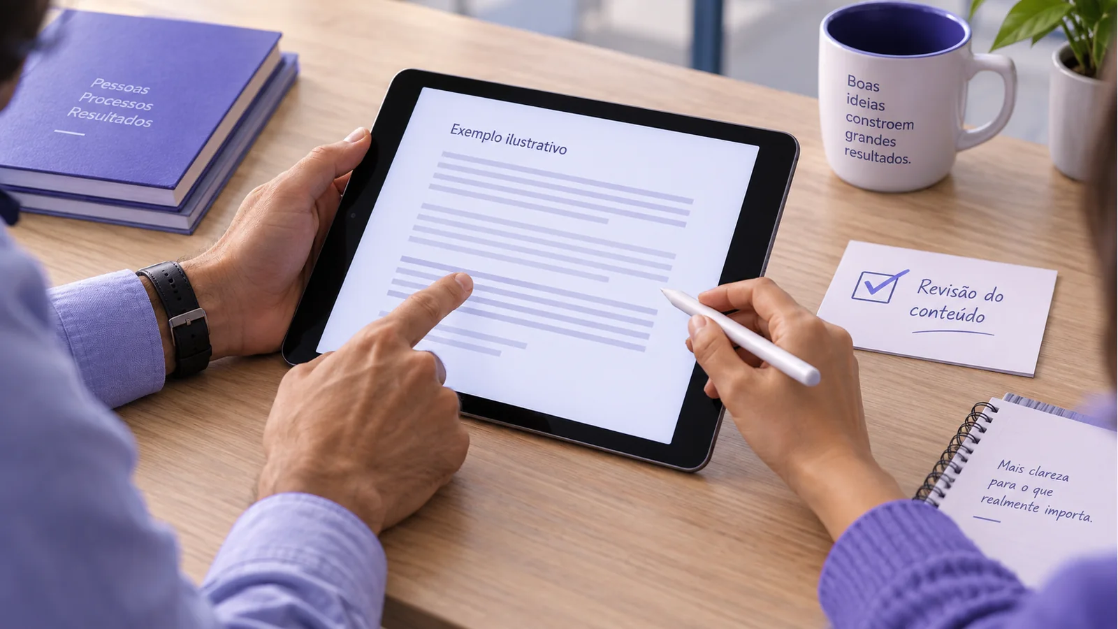 Duas pessoas conferindo um contrato em um tablet, com um selo de conferido ao lado do documento